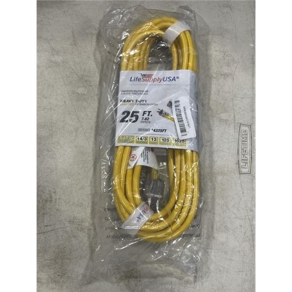 NEW 25FT HEAVY DUTY INDOOR OUTDOOR 3 WIRE EXTENSION CORD, YELLOW 14AWG