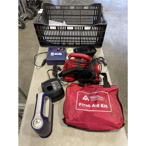 CRATE OF MISC ITEMS - CAR DIRT DEVIL, TIRE INFLATOR, SAFETY KIT, ETC