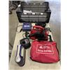 Image 1 : CRATE OF MISC ITEMS - CAR DIRT DEVIL, TIRE INFLATOR, SAFETY KIT, ETC
