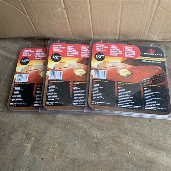 THREE ROLLS OF NEW CARBORUNDUM PREMIUM DOUBLE-SIDED ACRYLIC FOAM TAPE 1/2 IN RETAIL $150