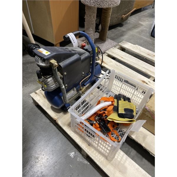 BYNFORD COMPRESSOR, WORK GLOVES, AND STRAPS