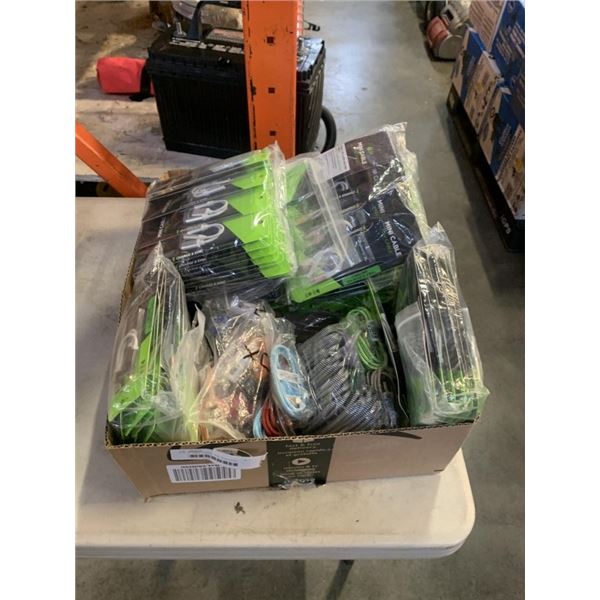 BOX OF NEW CORDS AND ADAPTERS