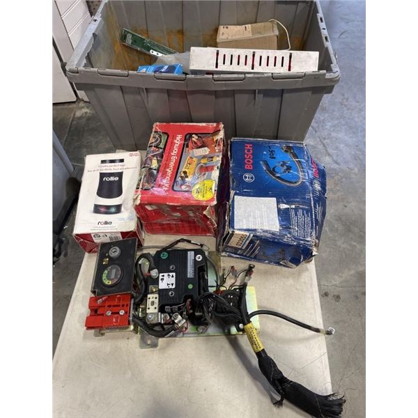 LARGE TOTE OF MISC ITEMS - EMERGENCY KIT, EXIT SIGN, PLUMBING ACCESSORIES AND SUPPLIES ETC