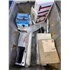 Image 2 : LARGE TOTE OF MISC ITEMS - EMERGENCY KIT, EXIT SIGN, PLUMBING ACCESSORIES AND SUPPLIES ETC