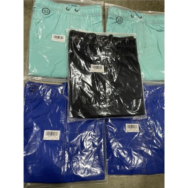 5 NEW PAIRS OF SIZE 32 SHORTS, 2 BLUE, 2 TEAL AND ONE BLACK
