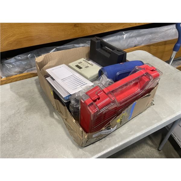 BOX OF MISC ITEMS - JBL BLUETOOTH SPEAKER, DEWALT BATTERY AND CHARGER, DOG COLLAR, ETC