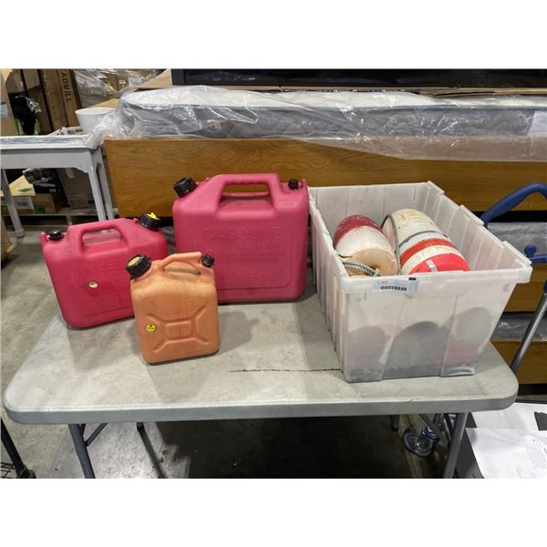 3 JERRY CANS AND TOTE OF BOUYS