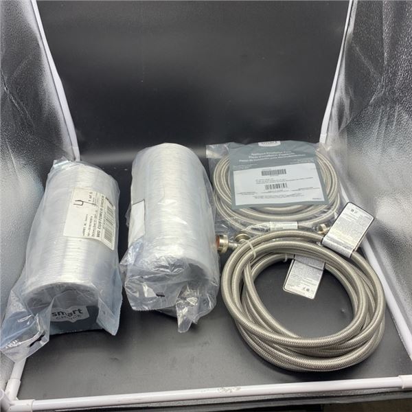 2 NEW PAIRS OF 6-FT STAINLESS STEEL APPLIANCE FILL HOSE AND TWO 8-FT HYBRID VENT DRYER HOSE WITH CLA
