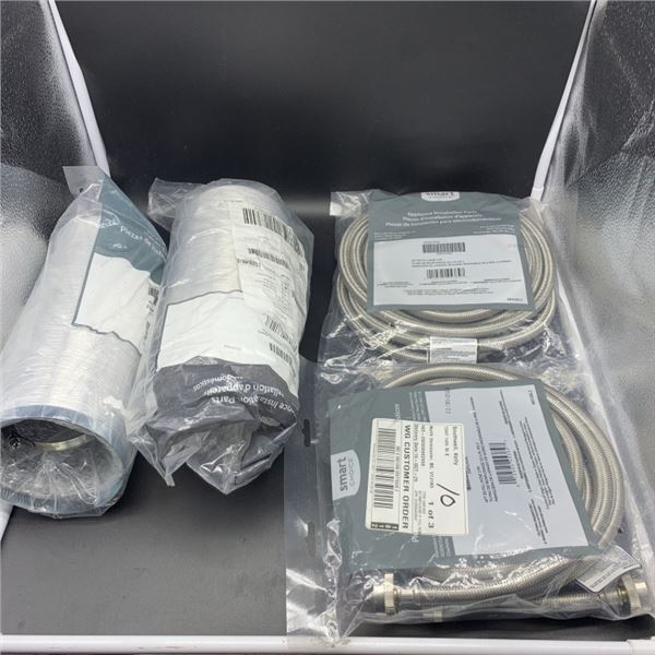 2 NEW PAIRS OF 6-FT STAINLESS STEEL APPLIANCE FILL HOSE AND TWO 8-FT HYBRID VENT DRYER HOSE WITH CLA