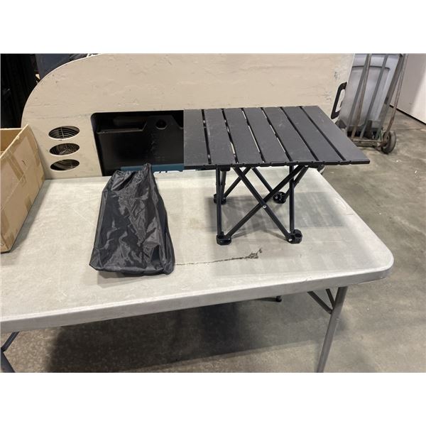 NEW BLACK METAL ROLLING FOLD UP CAMP TABLE, 16 X 14 INCH