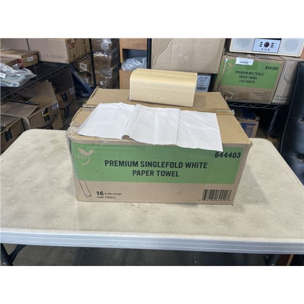 NEW CASE OF PREMIUM SINGLEFOLD WHITE PAPER TOWEL, 16 BUNDLES OF 250, 4,000 PER CASE