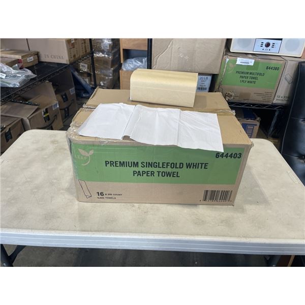 NEW CASE OF PREMIUM SINGLEFOLD WHITE PAPER TOWEL, 16 BUNDLES OF 250, 4,000 PER CASE