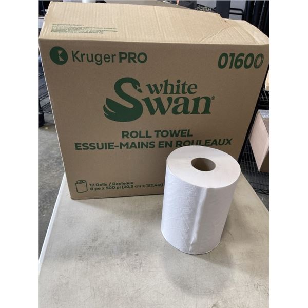 NEW CASE OF WHITE SWAN ROLL TOWEL, 8 INCH X 500FT, 12 ROLLS