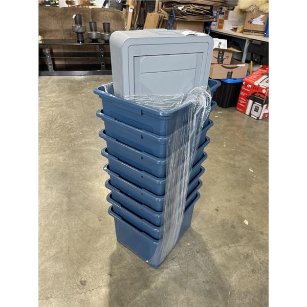 8 BLUE AND GREY  STORAGE TOTES WITH LIDS 18 X 14 INCH