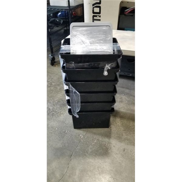 6 BLACK STORAGE TOTES WITH LIDS 18 X 14 INCH