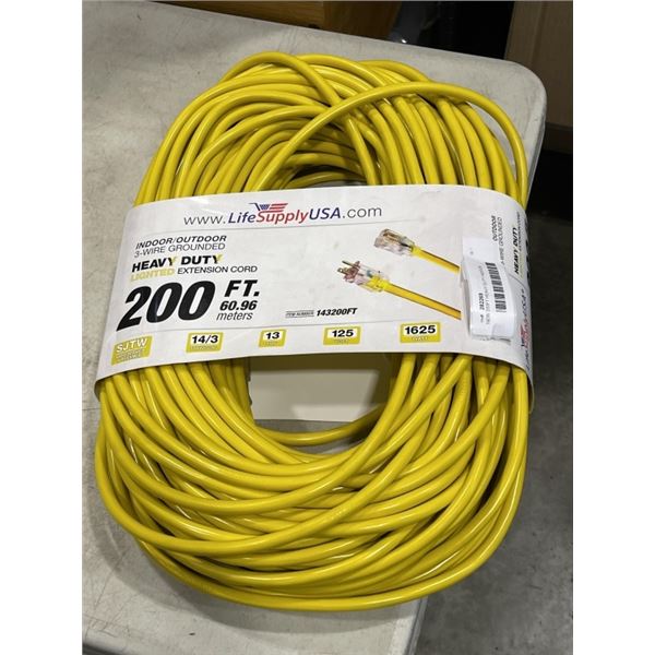 NEW 200FT HEAVY DUTY INDOOR OUTDOOR 3 WIRE EXTENSION CORD, YELLOW 14AWG