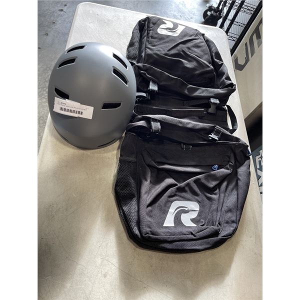 2 BIKE SADLE BAGS AND RALIEGH HELMET SIZE 58-62CM ADULT
