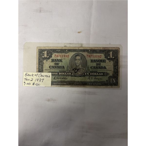 BANK OF CANADA JAN 2, 1937 $1 BILL