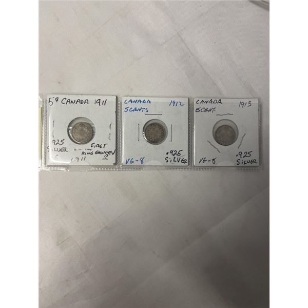 3 CANADIAN SILVER SMALL 5 CENTS 1911, 1912, 1913 925 SILVER