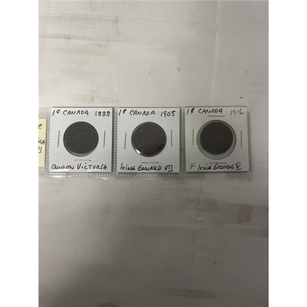 3 CANADIAN LARGE CENTS 1988 QUEEN VICTORIA, 1905 KING EDWARD VII, 1916 GEROGE V