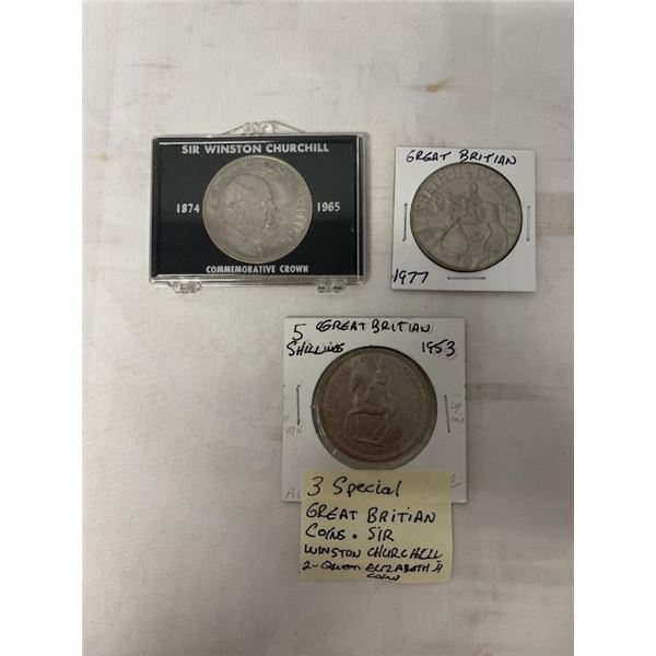 GREAT BRITAIN 5 SHILLINGS; CHURCHILL COMMEN CROWN, GREAT BRITAIN 2 QUEEN ELIZABETH COINS