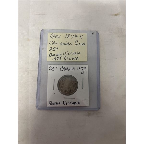 RARE 1857 H CANADIAN SILVER 25 CENT VICTORIA .925 SILVER
