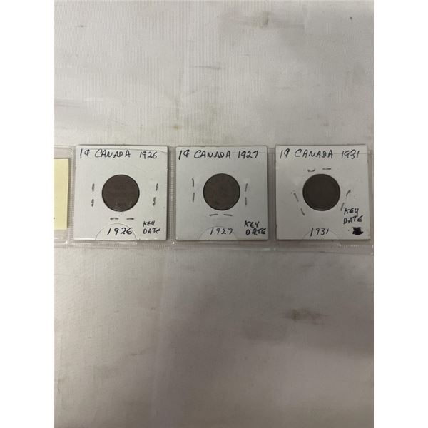 3 CANADIAN KEY DATE SMALL CENTS 1926, 1927, 1931