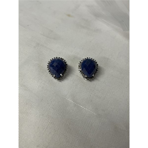 VINTAGE STERLING SILVER W/ BLUE SAPPHIRES STONES AND SMALL DIAMONDS PAIR OF EARRINGS, HINGED SOME ST