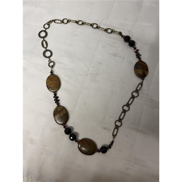 HEAVY METAL LINKS W/ AGATE STONES NECKLACE 31" LENGTH
