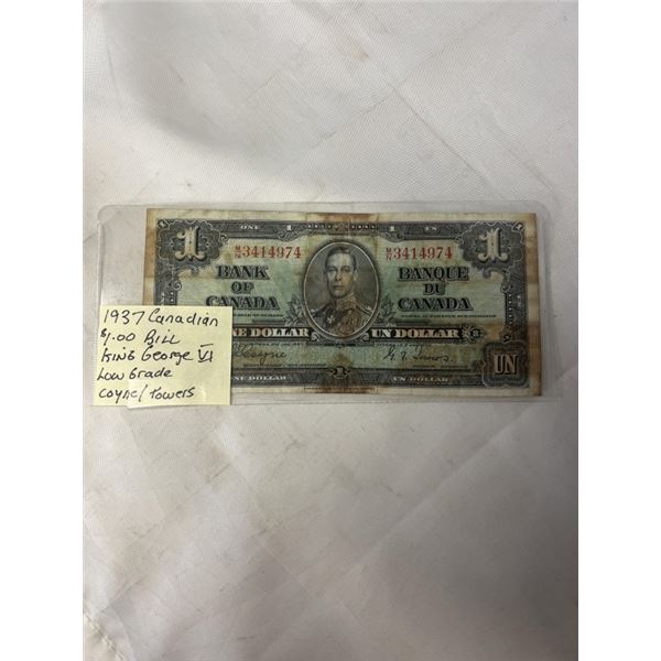 1937 CANADIAN $1 BILL, KING GEORGE VI CONYE/ TOWERS