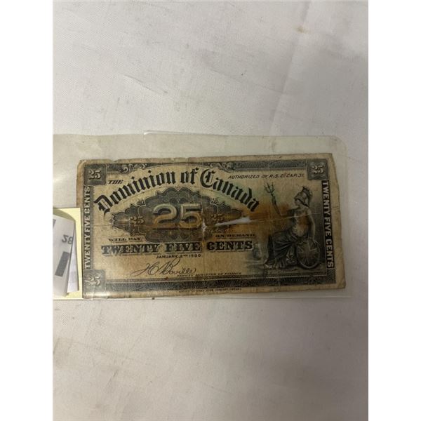 1900 CANADIAN 25 CENT BILL - LOW GRADE