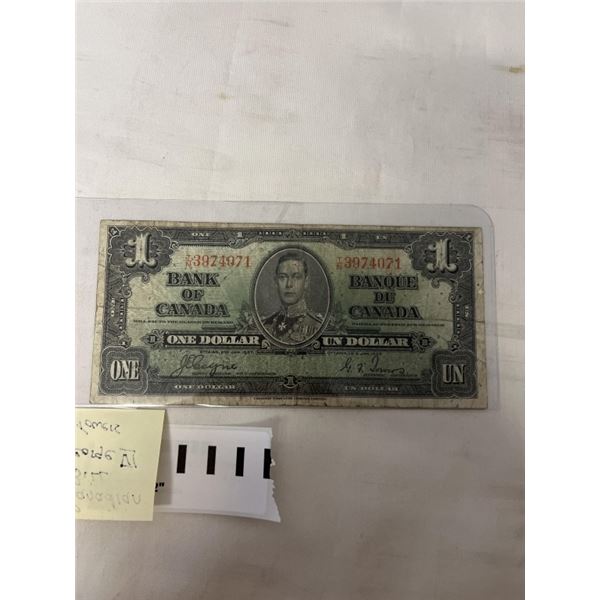 1937 CANADIAN $1 BILL GEORGE VI - LOW GRADE