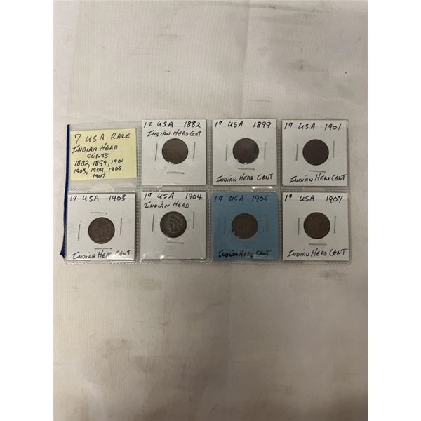 7 USA RARE "INDIAN HEAD" CENTS 1882, 1899, 1901, 1903, 1904, 1906, 1907