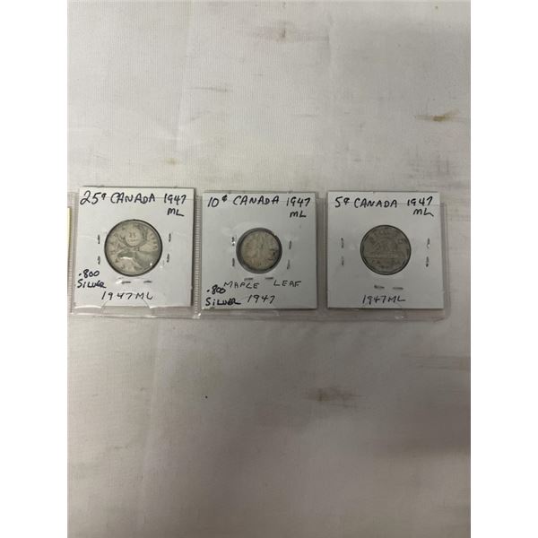 3 1947 MAPLE LEAF CANADIAN COINS 25 CENT, 10 CENT, 5 CENT .800 SILVER