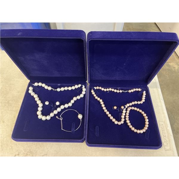 2 NEW PEARL NECKLACE, EARRINGS AND BRACELET SETS
