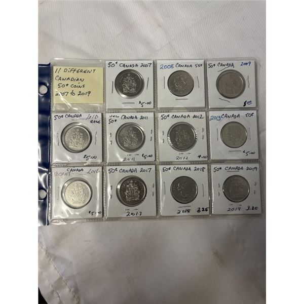 11 DIFFERENT CANADIAN 50 CENT COINS 2007-2019