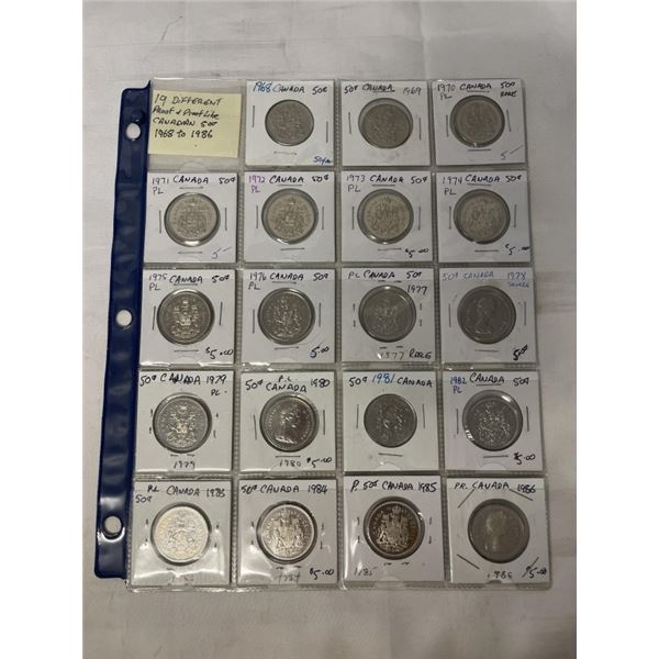 19 DIFFERENT PROOF AND PROOF LIKE CANADIAN 50 CENT 1968-1986