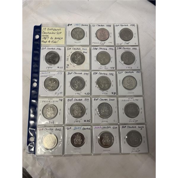 19 DIFFERENT CANADIAN 50 CENT COINS 1987-2006 P - TOUGH TO FIND