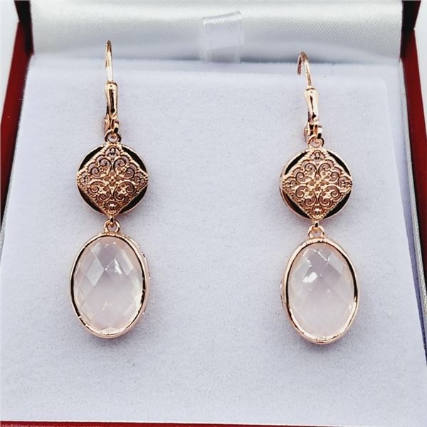 ROSE GOLD PLATED STERLING SILVER NATURAL ROSE QUARTZ EARRINGS, RETAIL $550.00.