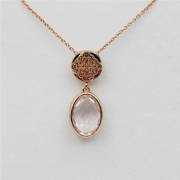 ROSE GOLD PLATED STERLING SILVER NATURAL ROSE QUARTZ NECKLACE, RETAIL $400.00.