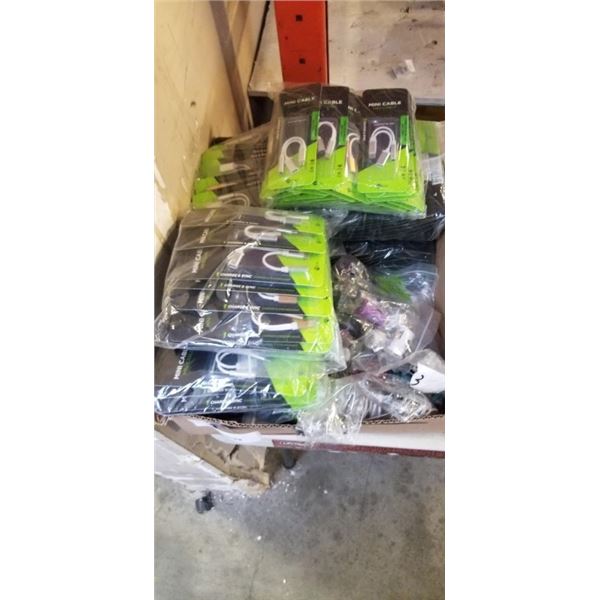 BOX OF NEW CORDS AND ADAPTERS