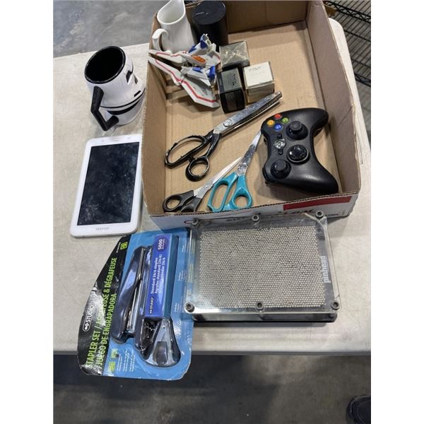 SAMSUNG TABLET, X BOX CONTROLLER AND ASSORTED HOUSEHOLD AND OFFICE SUPPLY