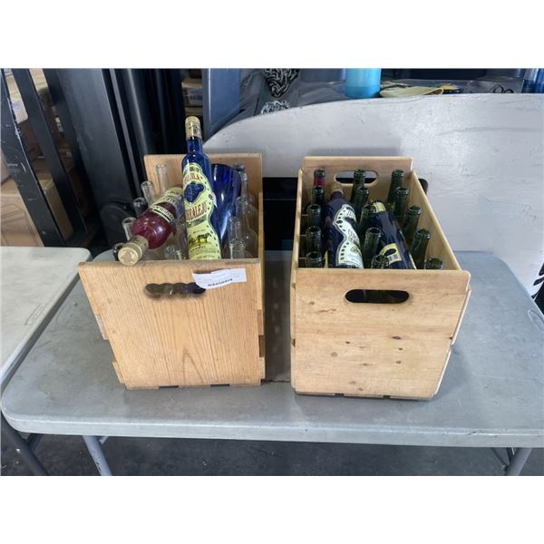 2 WOOD WINE CRATES WITH ASSORTED CLEAN BOTTLES AND COLLECTIBLE TEQUILA BOTTLES