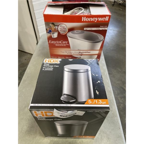 HONEYWELL WARM MIST HUMIDIFIER AND HDX 5L STEP GARBAGE CAN