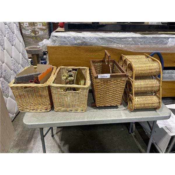 4 WICKER BASKETS AND WINE RACK, BRASS CANDLE HOLDERS, AND CANDLES