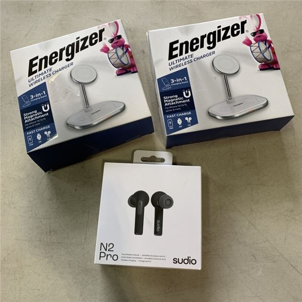 2 ENERGIZER ULTIMATE WIRELESS 3 IN 1 CHARGER STANDS AND SUDIO N2 PRO BLACK WIRELESS BLUETOOTH EARBUD