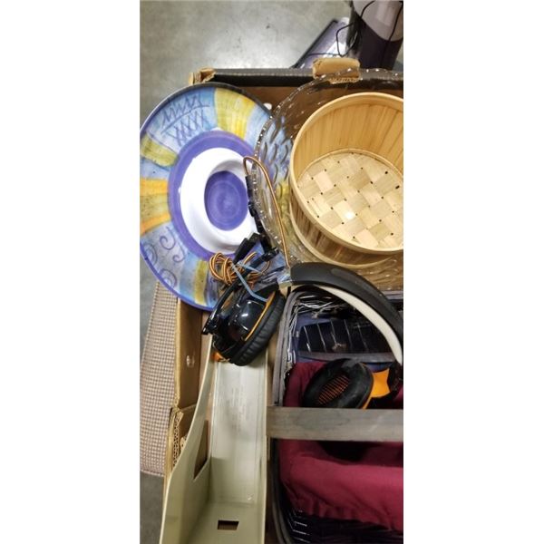 BOX OF MISC ITEMS - BASKETS, HEADPHONES, ETC