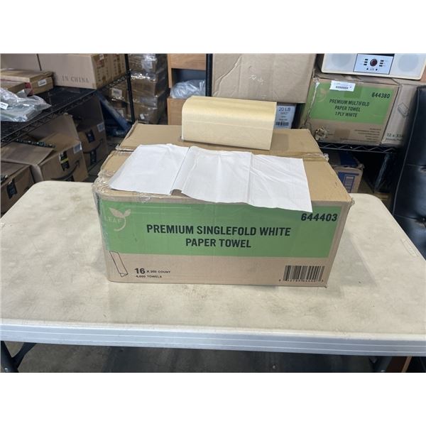 NEW CASE OF PREMIUM SINGLEFOLD WHITE PAPER TOWEL, 16 BUNDLES OF 250, 4,000 PER CASE