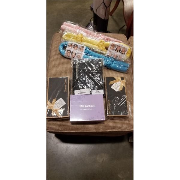 LOT OF NEW BEAUTY ITEMS - HEATLESS CURLER, MAKEUP BACK W/ BRUSHES, EYE LINER, ROSE SOAP GIFT BOX, AN