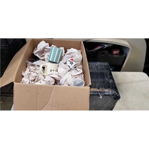 KEURIG MACHINE, ASSORTED MUGS, ORAGNIZER WITH LIDS AND PODS, ETC